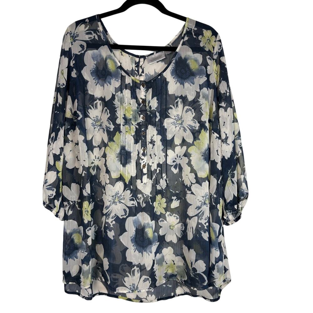Avenue Floral Pintuck Chiffon Blouse Semi Sheer Boho Top Navy Plus Size 22 24